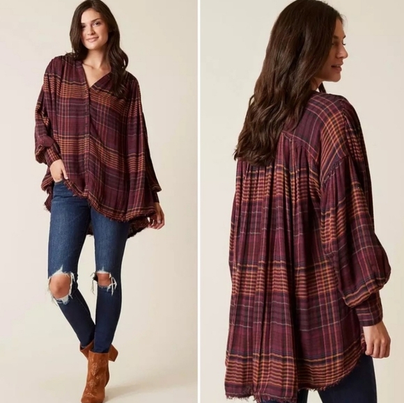 Free People Tops - FREE PEOPLE Come On Over Plaid Button Down Shirt Size Large